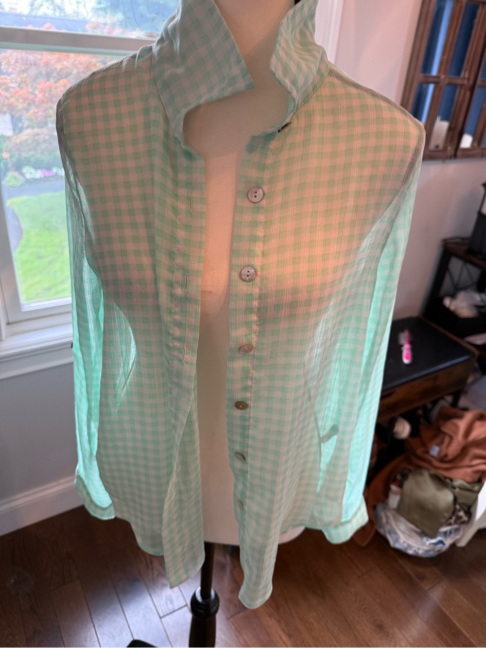 About A Girl Mint Gingham Button-Down Semi Sheer Shirt Size Medium